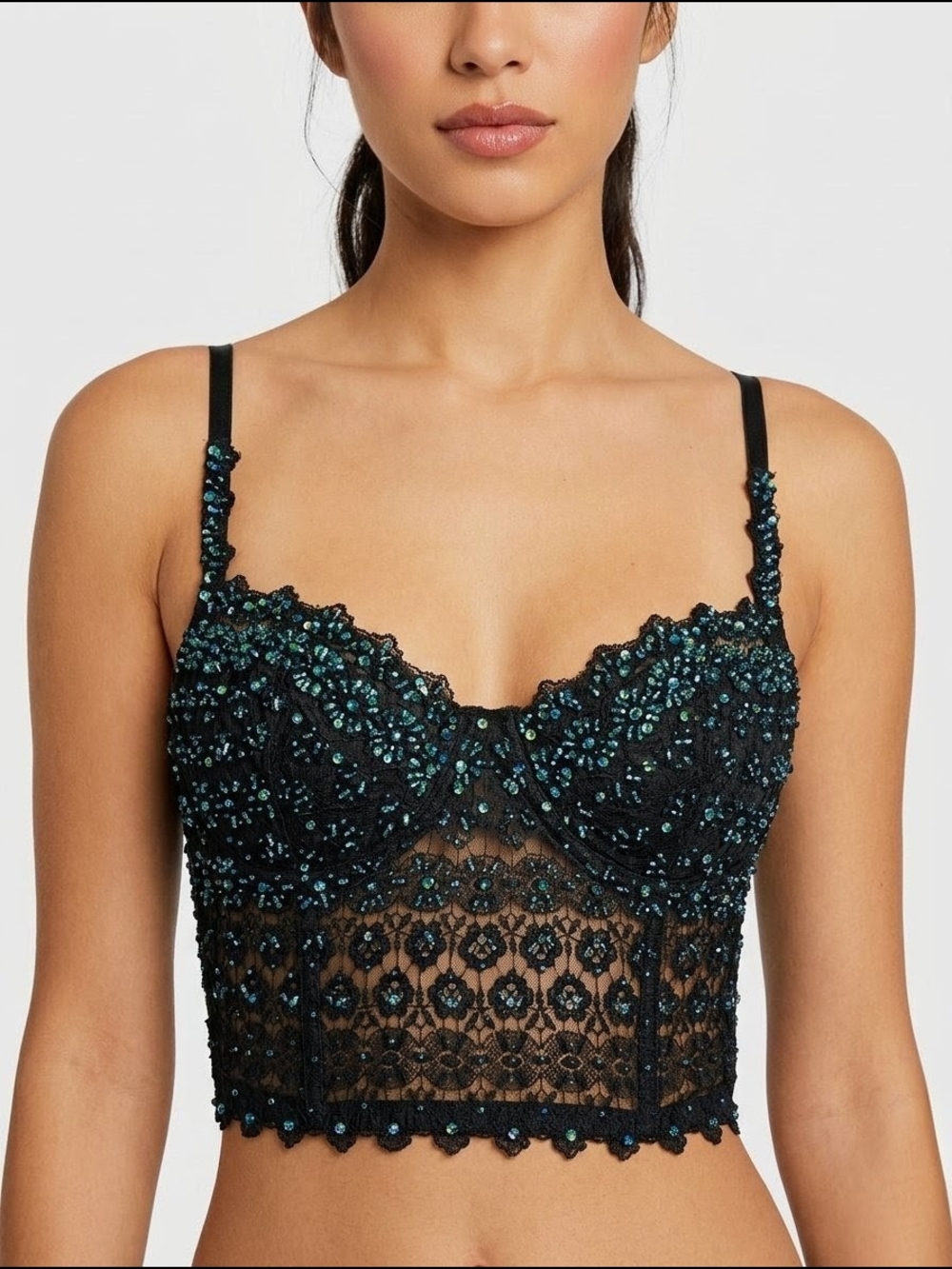 bebe Beaded Lace Corset Bustier Top Black Whimsigoth Y2K M Fits XS-Small